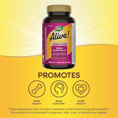 Nature’s Way Alive! Women’s 50+ Ultra Potency Complete Multivitamin, High Potency Formula, Promotes Healthy Heart, Brain, Bones*, with Methylated B12, Gluten-Free, 150 Tablets (Packaging May Vary)