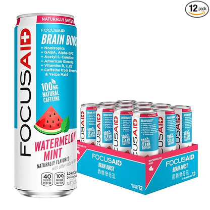 FOCUSAID Energy Drink, Brain Boost, Juicy Watermelon, Nootropics, Alpha-GPC, GABA, B-Complex, 100mg Caffeine, Yerba Mate, Green Tea, 100% Clean, No Artificial Sweeteners, 12 Oz(Pack of 12)