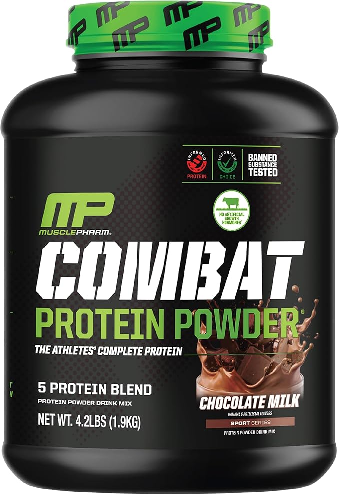 MusclePharm Combat Protein Powder, Chocolate Milk Flavor, Fuels Muscles for Productive Workouts, 5 Protein Sources including Whey Protein Isolate & Egg Albumin, Gluten Free, 4.2 lb, 52 Servings