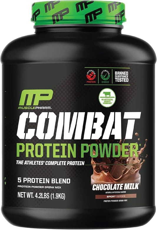 MusclePharm Combat Protein Powder, Chocolate Milk Flavor, Fuels Muscles for Productive Workouts, 5 Protein Sources including Whey Protein Isolate & Egg Albumin, Gluten Free, 4.2 lb, 52 Servings