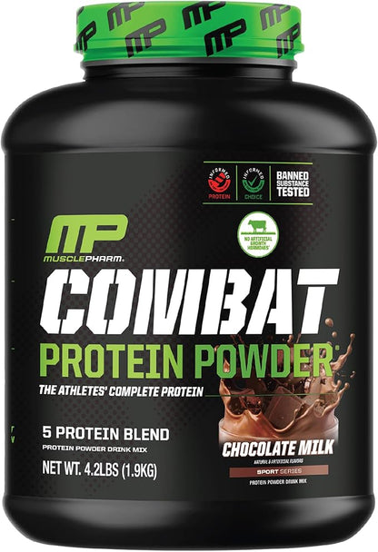 MusclePharm Combat Protein Powder, Chocolate Milk Flavor, Fuels Muscles for Productive Workouts, 5 Protein Sources Including Whey Protein Isolate & Egg Albumin, Gluten Free, 4.2 lb, 52 Servings