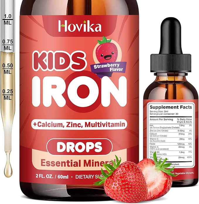 Liquid Iron Supplement for Kids & Women Men - with Calcium, Zinc & Kids Multivitamin Iron Drops - Immune Support, Blood Builder & Energy Support for Iron Deficiency, Anemia, Vegan 2 Fl Oz