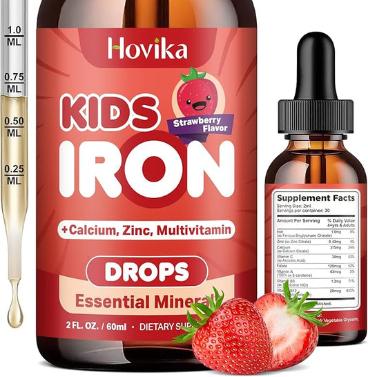 Liquid Iron Supplement for Kids & Women Men - with Calcium, Zinc & Kids Multivitamin Iron Drops - Immune Support, Blood Builder & Energy Support for Iron Deficiency, Anemia, Vegan 2 Fl Oz
