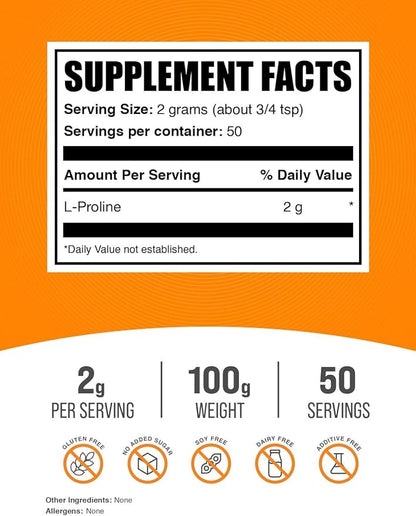 BulkSupplements.com L-Proline Powder - Amino Acid Supplement, Proline Supplements - Unflavored & Gluten Free, 2000mg per Serving, 50 Servings, 100g (3.5 oz) (Pack of 1)
