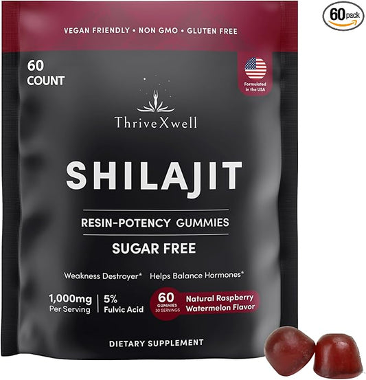Pure Himalayan Shilajit Resin Potency Gummies Supplement for Men & Women | 1000mg Sugar Free 85+ Trace Minerals | Immumity, Energy, Vitality & Brain | Natural Raspberry Flavor (60 Count)