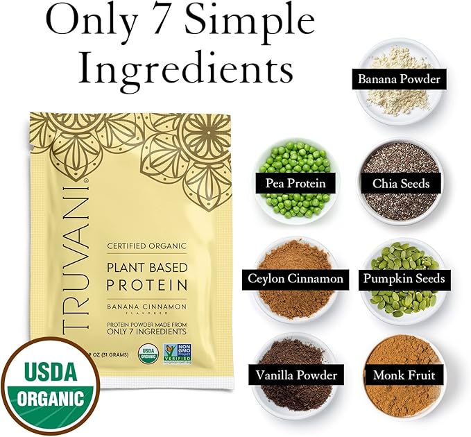 Truvani Vegan Pea Protein Powder | Banana Cinnamon | 20g Organic Plant Based Protein | 10 Travel Packets | Keto | Gluten & Dairy Free | Low Carb | No Added Sugar