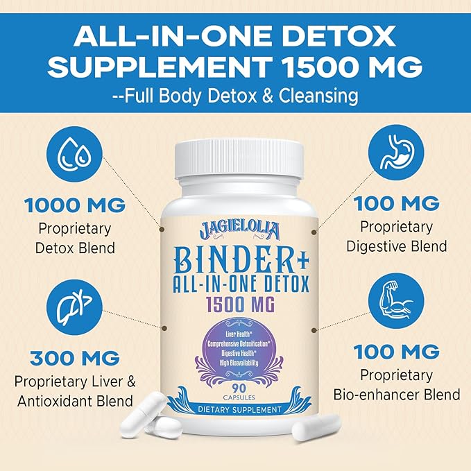 All-In-One Detox Binder Supplement 1500 MG - High Bioavailability, Liver Gut Detox Cleanse with Activated Charcoal, Zeolite & Bentonite Clay for Toxins, Liver, Digestive, 540 Vegan Capsules