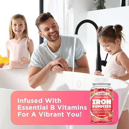 Iron Gummies for Women & Men - Iron Supplement with Vitamin B6, B12, C, Zinc, Folate for Adults & Kids - Support Iron Deficiency, Anemia, Energy Boost, Blood Builder - Sugar Free Vegan 60ct Strawberry
