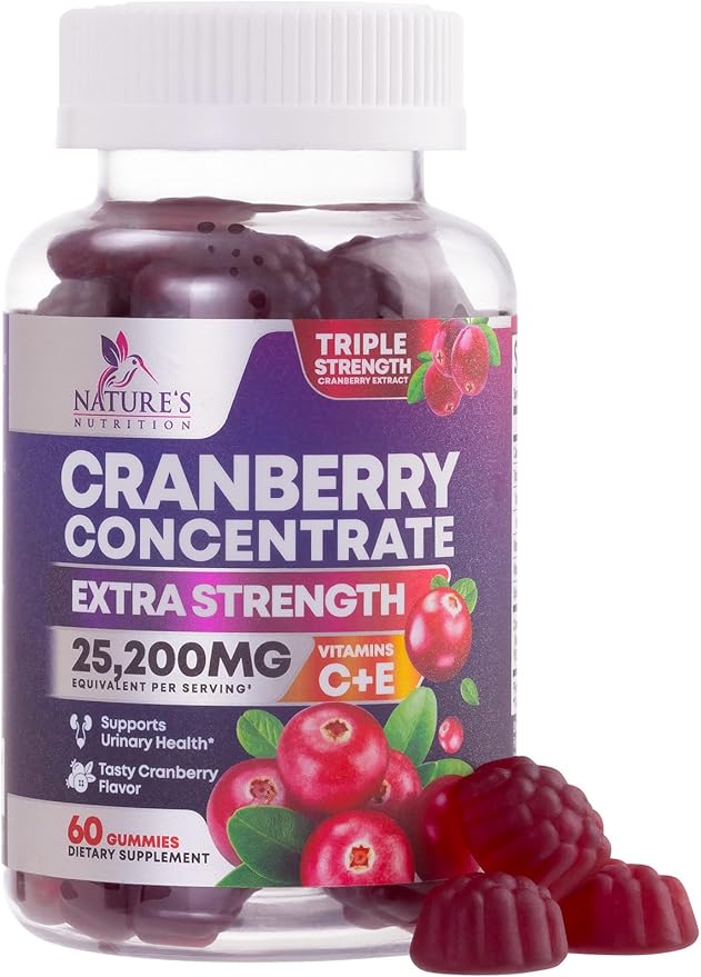 Cranberry Gummies - Urinary Tract Health Gummy + Vitamin C - 25,000mg - Triple Strength Cranberry Concentrate Extract Supplement Pills, Ultimate Potency, Non-GMO, Gluten Free - 60 Gummies