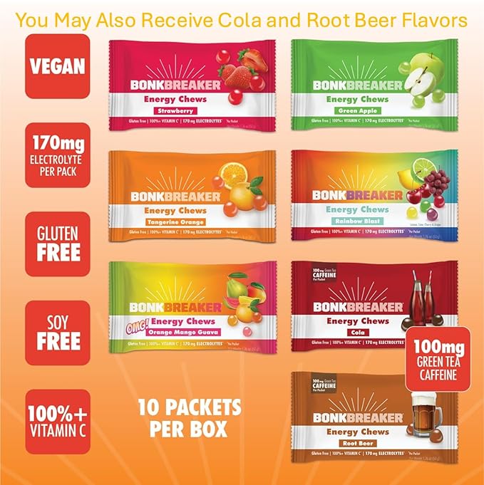 Bonk Breaker Energy Chews, Gluten-Free, Dairy-Free Ingredients to Provide Quick Energy and Focus, 1 Box of 10 Packets, Variety Pack