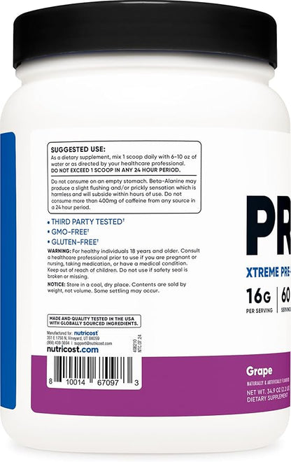 Nutricost Pre-X Xtreme Pre-Workout Complex Powder, Grape, 60 Servings, Vegetarian, Non-GMO and Gluten Free