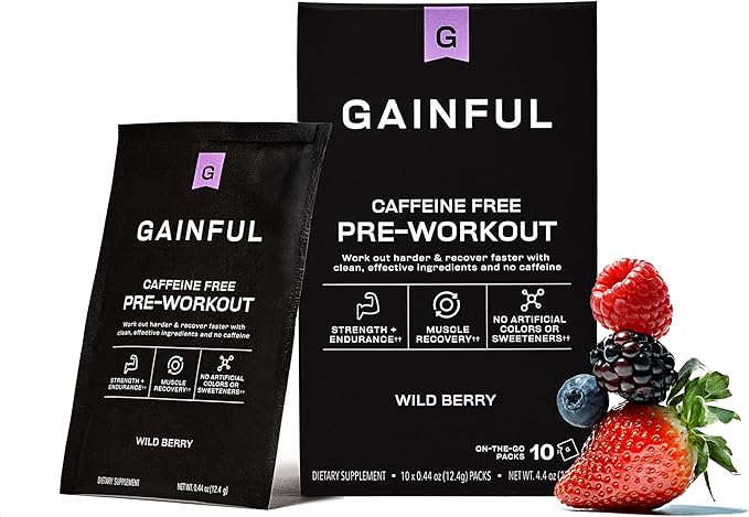 Gainful Pre Workout Powder with Creatine, Caffeine Free Clean Energy, L Citrulline and Beta Alanine for Endurance, BCAA Blend for Muscle Recovery, Vegan, Non GMO, Wild Berry, 10 Servings