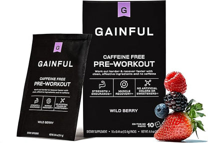 Gainful Pre Workout Powder with Creatine, Caffeine Free Clean Energy, L Citrulline and Beta Alanine for Endurance, BCAA Blend for Muscle Recovery, Vegan, Non GMO, Wild Berry, 10 Servings