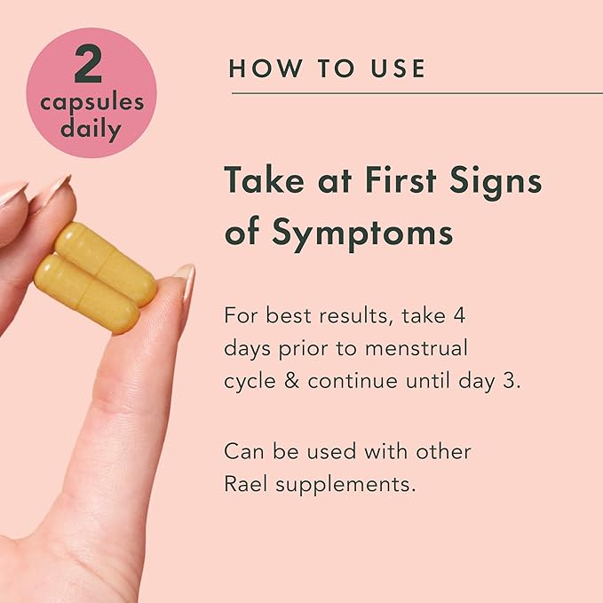 Rael PMS Supplement - Hormone Balance for Women, PMS Relief, Menstrual Cramps, Period Bloating, Mood Swings Treatment with Turmeric, Ginger, Magnesium, No NSAIDs, Vegan (28 Capsules)