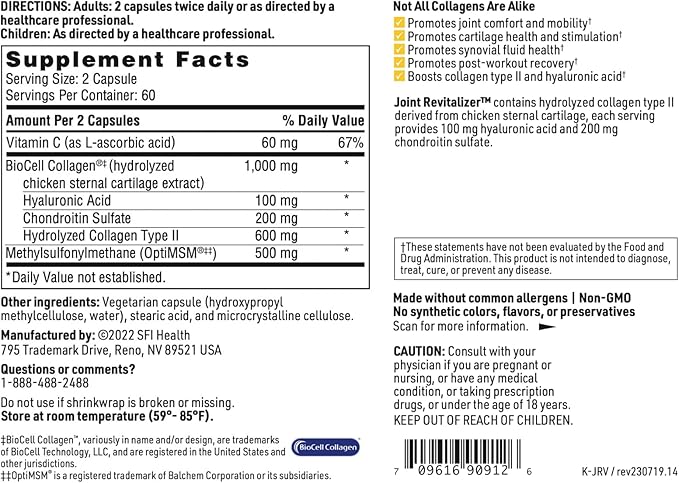 Klaire Labs Joint Revitalizer - Patented Hydrolyzed Collagen Peptide Formula with Chondroitin, MSM & Hyaluronic Acid, Hypoallergenic Connective Tissue Support (120 Capsules)