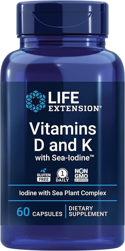 Life Extension Pregnenolone Hormone Balance 100mg, Vitamin D3 K1 K2 Iodine Immune Bone 60 Capsules Bundle