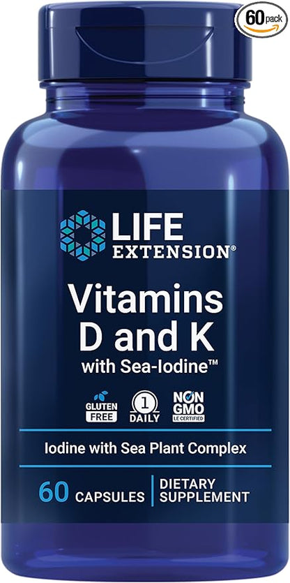 Life Extension Pregnenolone Hormone Balance 100mg, Vitamin D3 K1 K2 Iodine Immune Bone 60 Capsules Bundle