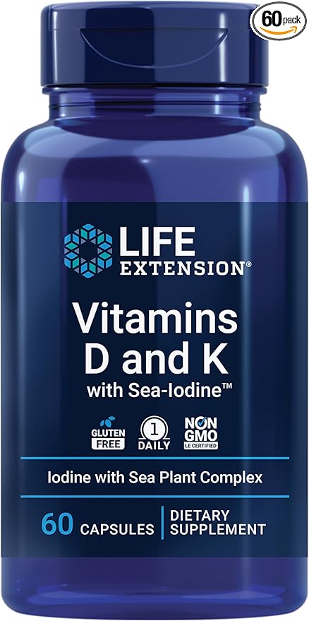 Life Extension Pregnenolone Hormone Balance 100mg, Vitamin D3 K1 K2 Iodine Immune Bone 60 Capsules Bundle