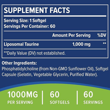 Taurine 1000mg - Liposomal Taurine Amino Acid Supplement for Heart, Liver, and Brain, Longevity - High Absorption, Vegan & Gluten Free (60 Softgels - 1 Pack)