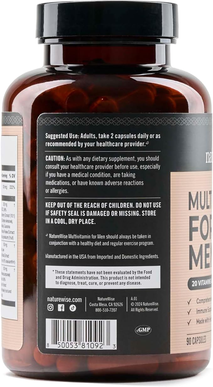 NatureWise Multivitamin for Men - Daily Male Support - Minerals & Herbs for Energy, Performance, Immunity - with Vitamin A, C, D, B-Complex - Soy & Gluten-Free, Non-GMO - 90 Capsules[45-Day Supply]