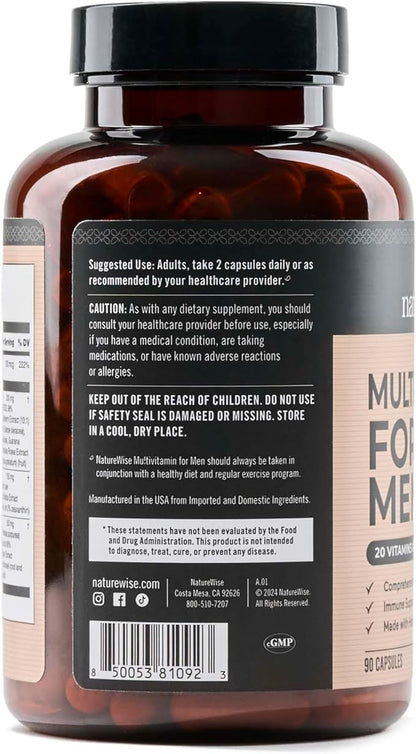 NatureWise Multivitamin for Men - Daily Male Support - Minerals & Herbs for Energy, Performance, Immunity - with Vitamin A, C, D, B-Complex - Soy & Gluten-Free, Non-GMO - 90 Capsules[45-Day Supply]