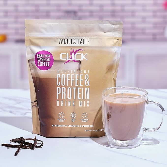 Click Coffee Protein Powder | Double Shot Espresso | 16g Protein | 23 Essential Vitamins | Low Calorie Meal Replacement | 150mg Caffeine | Gluten Free | No Artificial Flavors or Colors | Vanilla