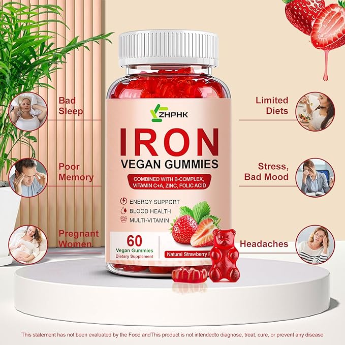 Iron Supplement Gummies for Women, Men & Kids, 65mg Iron & 250mg Vitamin C per Serving - Blood Builder & Immune Support Iron Vitamin Iron Gummy Vitamin with Folate, 2 Pack