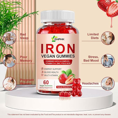 Iron Supplement Gummies for Women, Men & Kids, 65mg Iron & 250mg Vitamin C per Serving - Blood Builder & Immune Support Iron Vitamin Iron Gummy Vitamin with Folate, 2 Pack