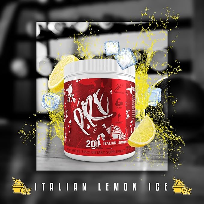 5% Nutrition Code Red Series Pre Workout Powder for Men & Women | Energy, Power, Protein Synthesis & Focus | 300mg Caffeine, L-Citrulline, Glycerol, Taurine, Alpha GPC, Huperzine (Italian Lemon Ice)