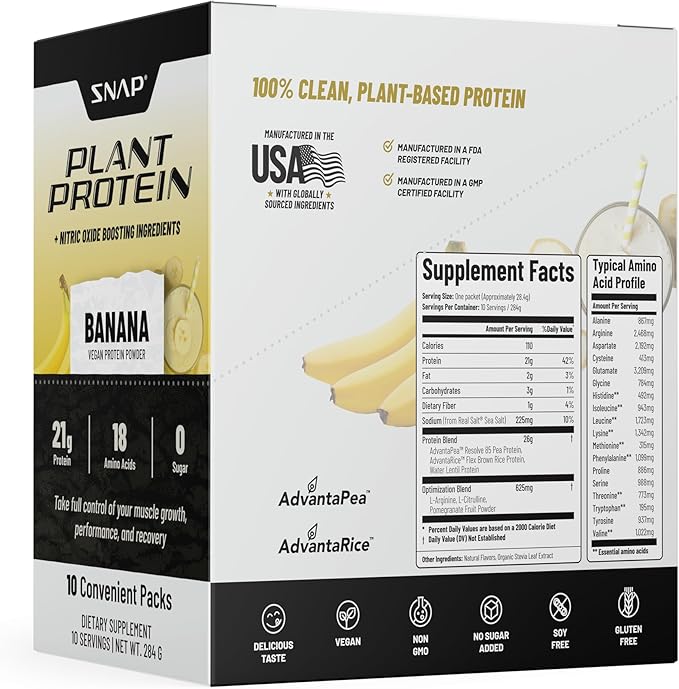 Snap Supplements 100% Plant Based Protein Powder Stick Packs with Nitric Oxide Booster (10 Pack, Banana)