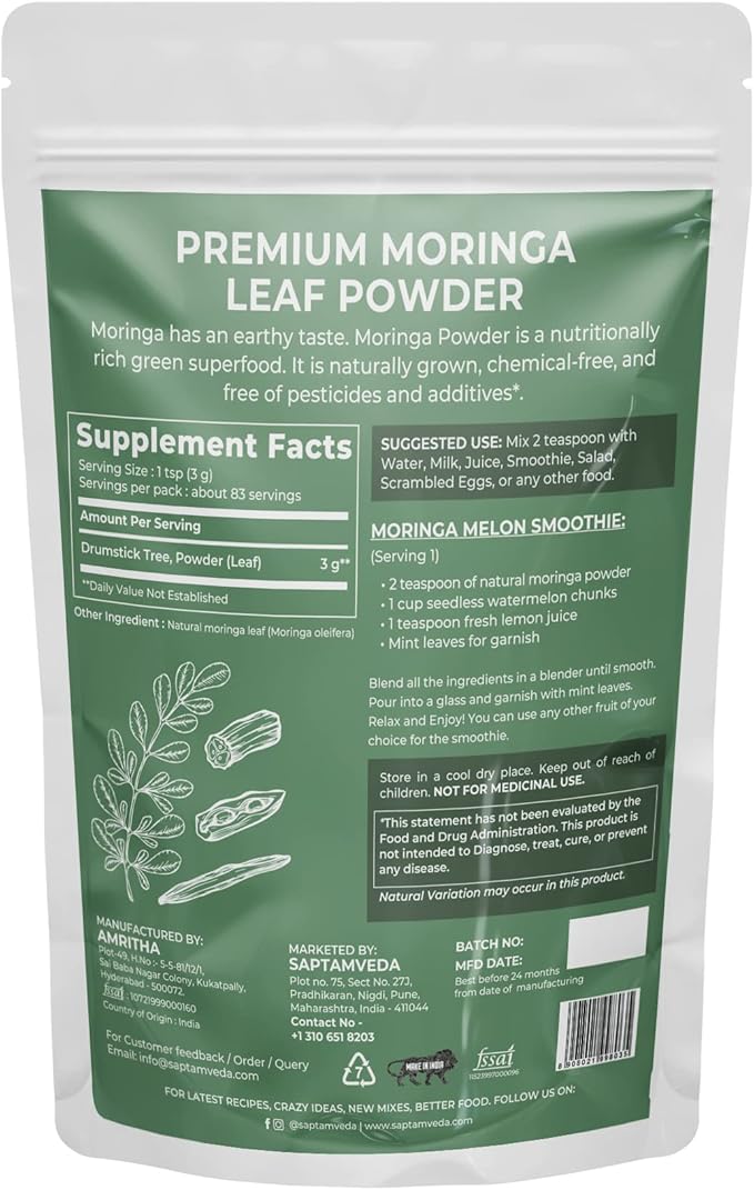 Premium Moringa Leaf Powder 8.81 Oz/250 Gm | Drumstick Leaf Powder | Natural Multi-Vitamin | Rich in Anti-Oxidant, Immunity Booster | Good for Hair & Skin from India Farms