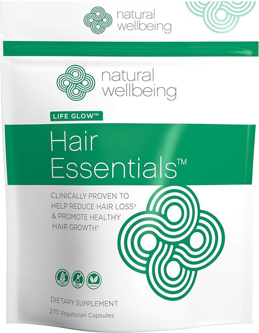 Natural Wellbeing Hair Essentials - Supports Healthy Hair with Saw Palmetto (for DHT), Biotin, Bamboo Silica - Natural Supplement for Women and Men. 270 Veg Caps (3-Month Supply)