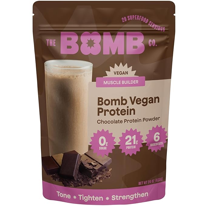 The Bomb Co. Bomb Plant Protein, Protein Powder with 21g Protein, Amino Acids, Zero Sugar, Pea Protein, Cocoa, Chia Seeds, Pumpkin Seeds, Vanilla & Monk Fruit, Gluten Free, Chocolate Flavor, 20 Srvgs