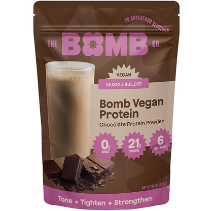 The Bomb Co. Bomb Plant Protein, Protein Powder with 21g Protein, Amino Acids, Zero Sugar, Pea Protein, Cocoa, Chia Seeds, Pumpkin Seeds, Vanilla & Monk Fruit, Gluten Free, Chocolate Flavor, 20 Srvgs