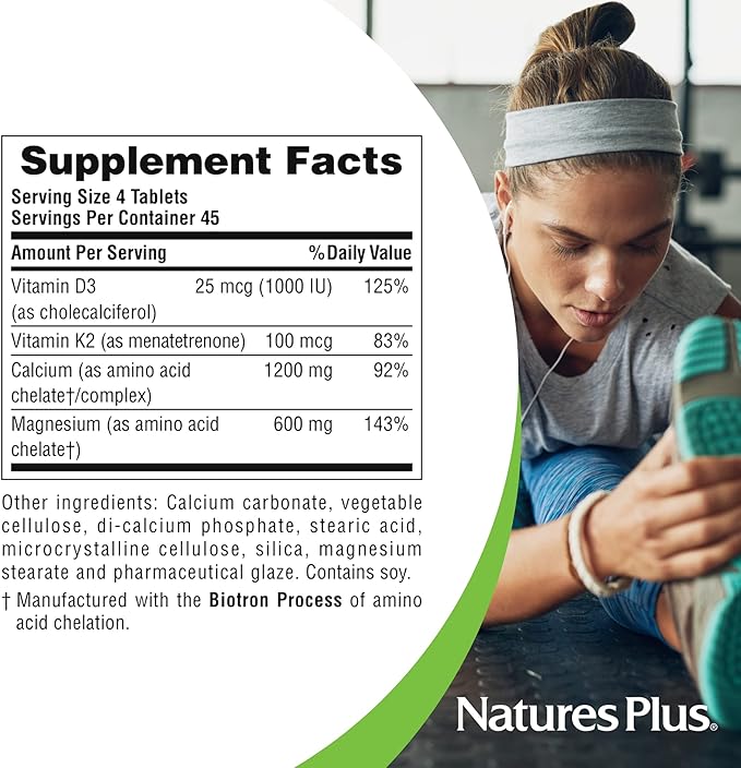 NaturesPlus Cal/Mag/VIT D3 with Vitamin K2- 180 Tablets - Bone Health Supplement with Calcium, Magnesium, Vitamin D3 and K2 - Gluten-Free - 45 Servings