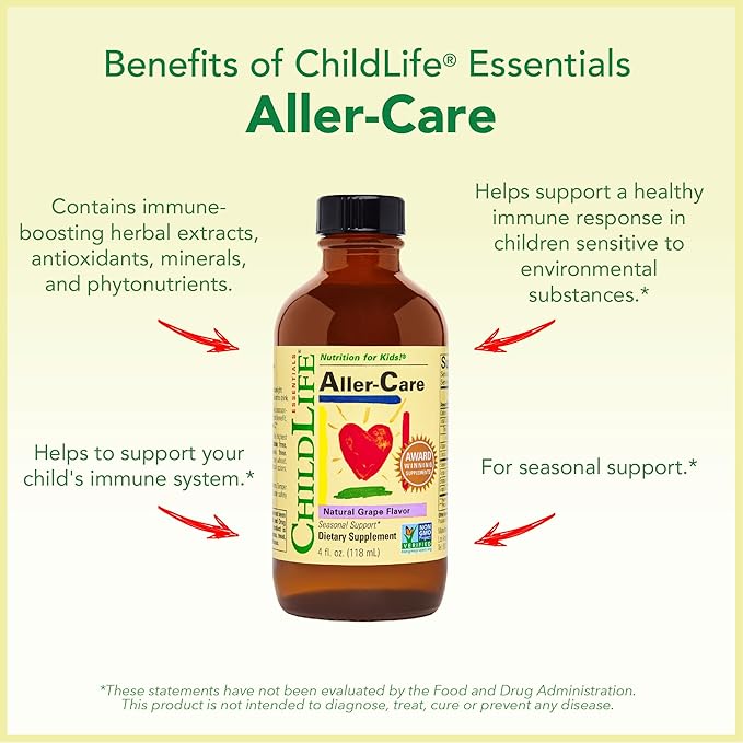 CHILDLIFE ESSENTIALS Aller-Care - Natural Relief for Kids & Toddlers, Seasonal Support with Elderberry, Bromelain, Vitamin C - Immune Boosting Formula, Grape 4 Fl Oz