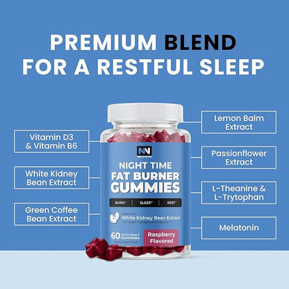 Night Time Fat Burner Gummies, Sleep Support & Weight Loss Supplement | Slimming Hunger Suppressant & Metabolism Booster, Shred Belly Fat While You Sleep | Nighttime Diet Gummies for Women & Men 60ct