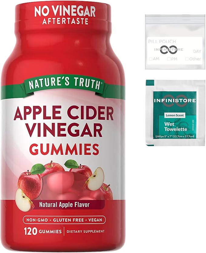 InfiniStore™ Medicine Pouch & Scented Moist Towelette Bundle with Nature Truth Apple Cider Vinegar Gummies, 120 Count, 400mg, Natural Apple Flavor - Non-GMO, Gluten Free, Vegan