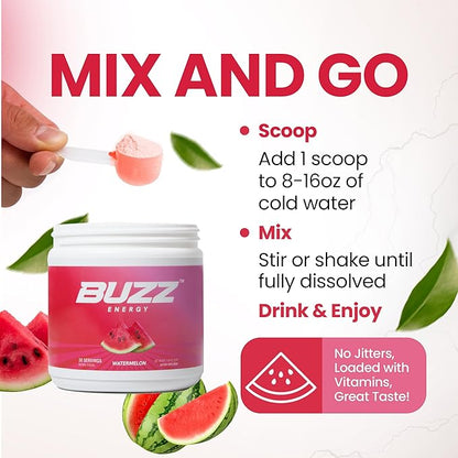 Morning Buzz Energy Drink Powder - Energy Boost Drink Mix - Sugar-Free Energy with Antioxidants - Morning Kickstart and Sports Nutrition Endurance Product - 30 Servings, Watermelon, 8 Ounces