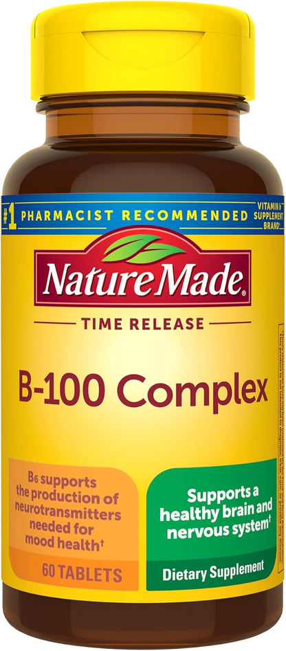 Nature Made Time Release Vitamin B-100 High Potency B Complex, Dietary Supplement for Nervous System Function Support, 60 Time Release Tablets, 60 Day Supply