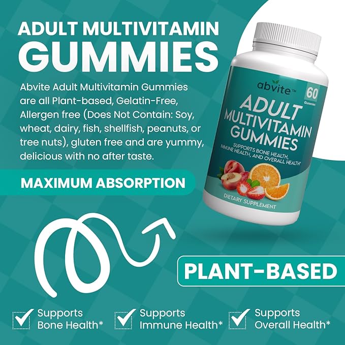 Plant-Based Multivitamin Gummies, Daily multivitamins for Men and Women with Vitamins A, C, D, E, B-3, B-6, B-12, Biotin, inositol, Non-GMO, Gluten Free, 60 Count (30 Days Supply)
