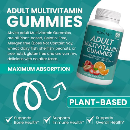 Plant-Based Multivitamin Gummies, Daily multivitamins for Men and Women with Vitamins A, C, D, E, B-3, B-6, B-12, Biotin, inositol, Non-GMO, Gluten Free, 60 Count (30 Days Supply)