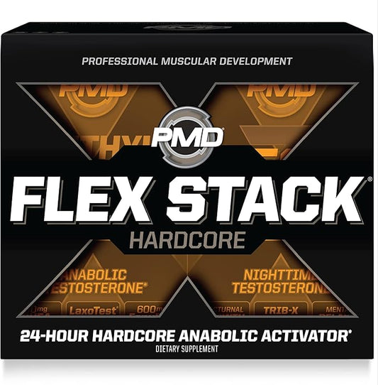 PMD Sports Flex Stack Hardcore 24-Hour Healthy Stack for Increased Muscle Mass, Strength, Reduce Soreness, Libido and Restful Sleep - Methyl Andro Hardcore 90 Capsules, Z-Test 90 Capsules