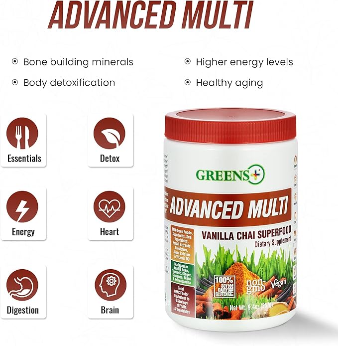 Greens+ Advanced Multi Vanilla Chai Superfood Powder, Organic Healthy Blend for Morning Vitality, Nutrition, Vibrant Health, Dietary Supplement, Vitamins Minerals, Vegan, Soy/Dairy/Gluten Free(9.4oz)