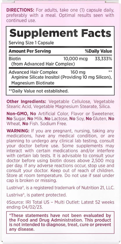 Nature's Bounty Hair Growth Supplement, 1 Per Day, Clinically Shown to Support Thicker, Fuller Hair, with Biotin, Silicon & Arginine, 30 Capsules
