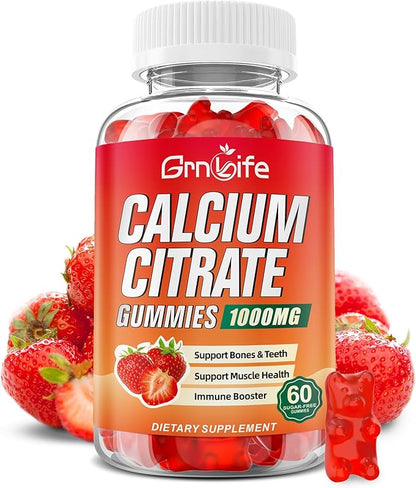 Calcium Citrate Gummies, Sugar Free Calcium Citrate 1000mg for Muscle Healthy, Absorption Calcium Supplements for Adults & Kids, Strawberry, 60 Count