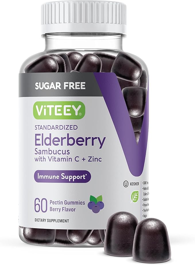 Sambucus Elderberry Gummies for Adults & Teens + Zinc & Vitamin C - Sugar Free - Immune Support & Booster Herbal Supplement - Vegan, Gluten Free, Gelatin Free, GMO Free, Chewable Berry Flavored Gummy