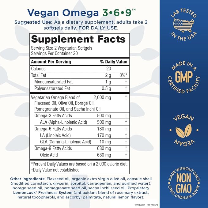 Purity Products Omega 3-6-9 Vegan and Vegetarian Omega Formula - “5 in 1” Essential Fatty Acid Complex - Scientifically Formulated Plant-Based Omega 3 6 9 Essential Fatty Acids (EFA) - from (60)