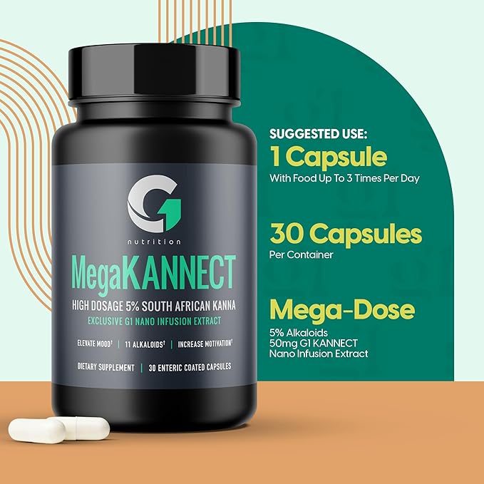 Mega Kannect Capsules with 5% Kanna Alkaloid| Elevates Mood, Boosts Energy Levels, Enhances Mental Clarity | Sceletium Tortuosum Daily Supplements for Men & Women (30 Count)