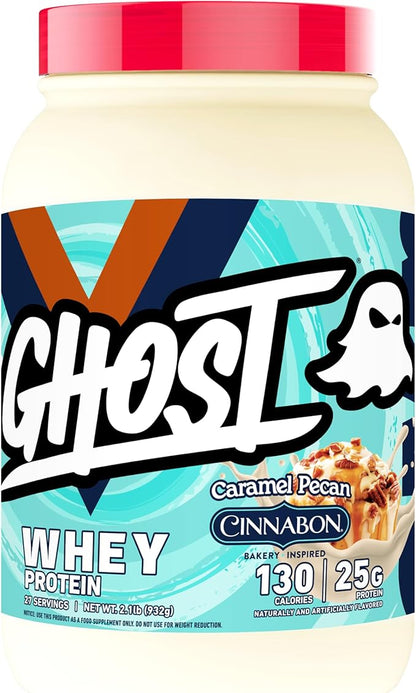 GHOST Whey Protein Powder, Cinnabon Caramel Pecan - 2LB Tub, 25G of Protein - Cinnamon Roll Flavored Isolate, Concentrate & Hydrolyzed Whey Protein Blend - Post Workout Shakes - Soy & Gluten Free